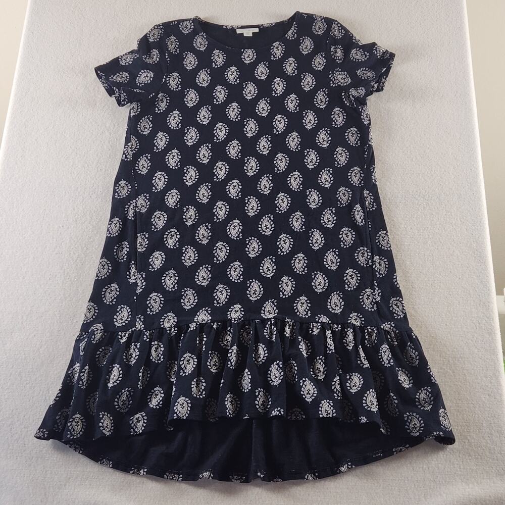 J Jill Flounce Hem Navy Blue Paisley Pockets Short Sleeve Dress Size Petite S